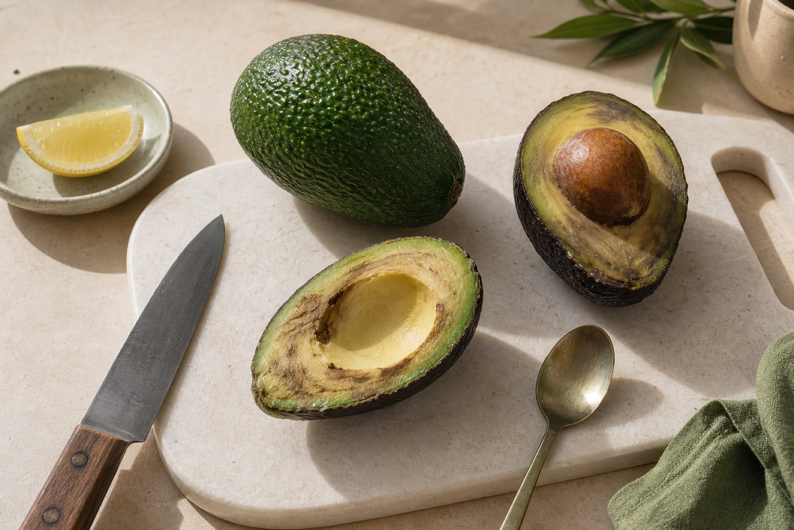 Ripe, underripe, and overripe avocados side by side