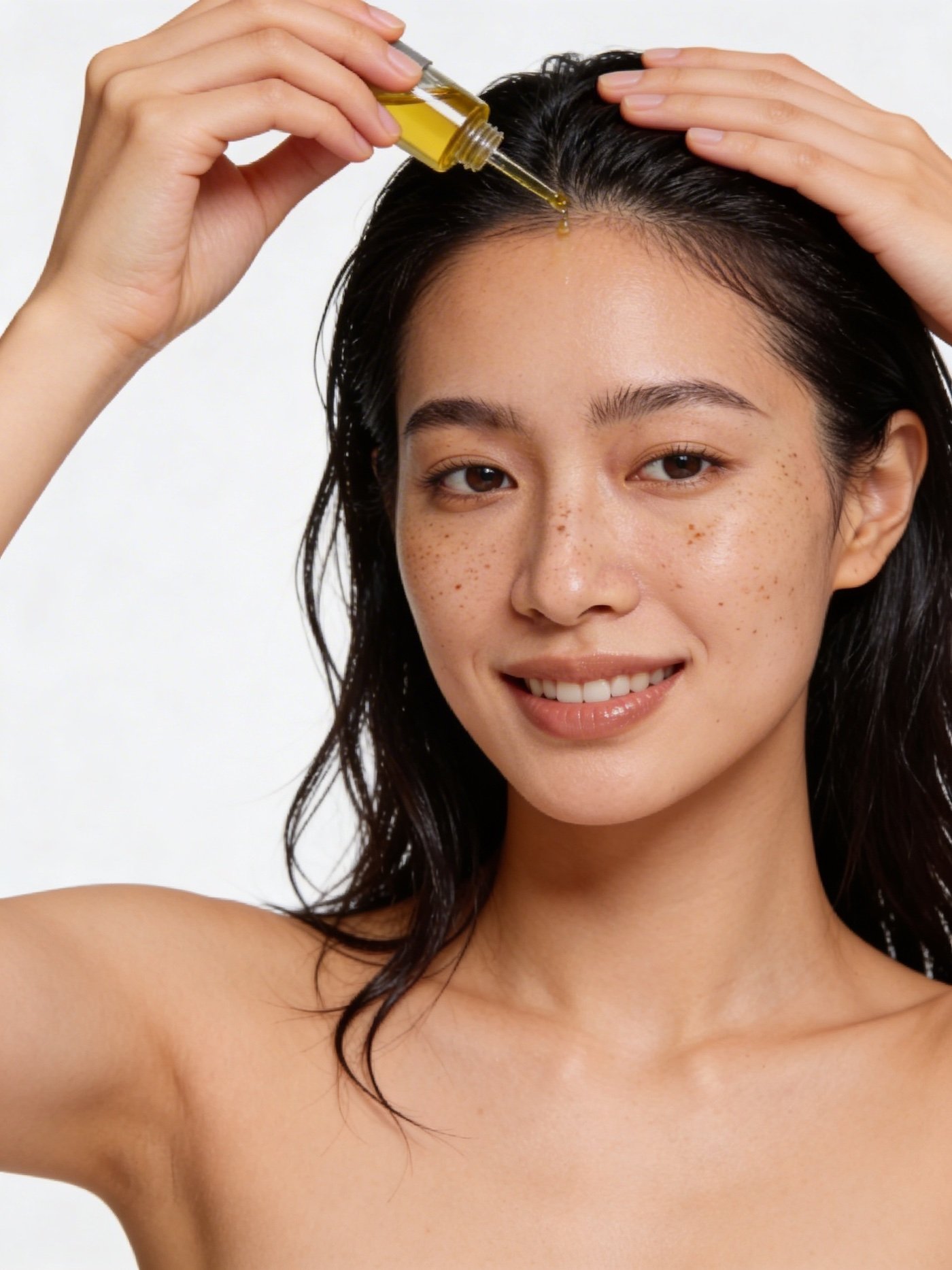Woman applying hair oil during a scalp care routine