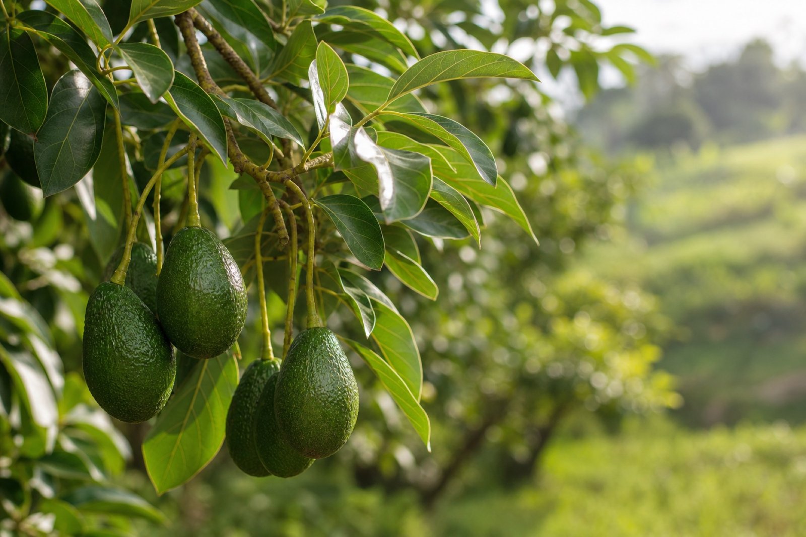 Avocados growing on a tree branch