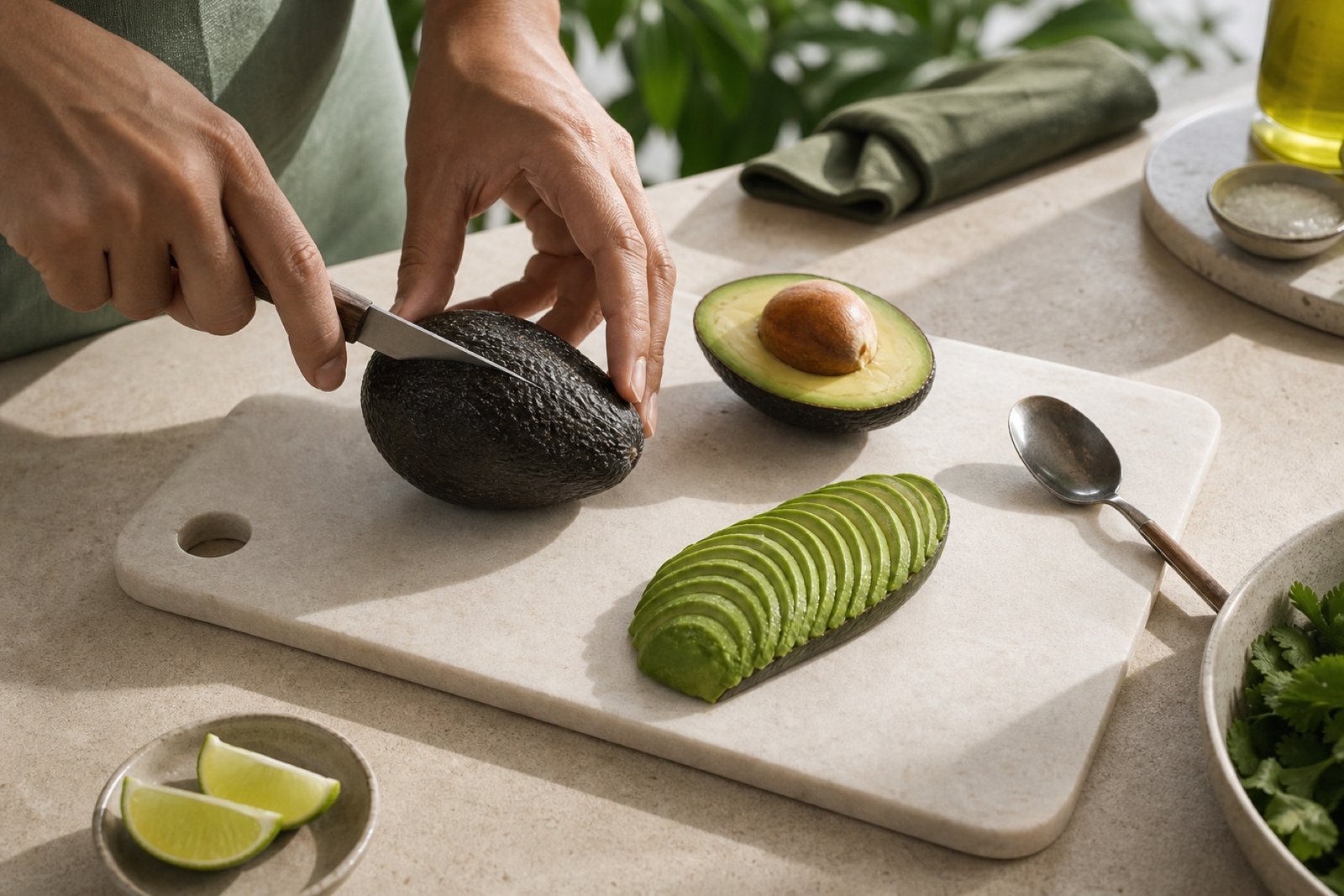 Avocado being safely cut on a cutting board