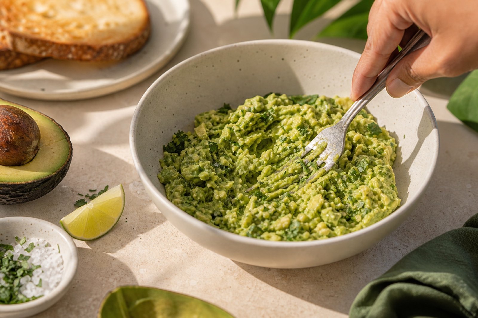 Mashed avocado in a bowl with lime and salt