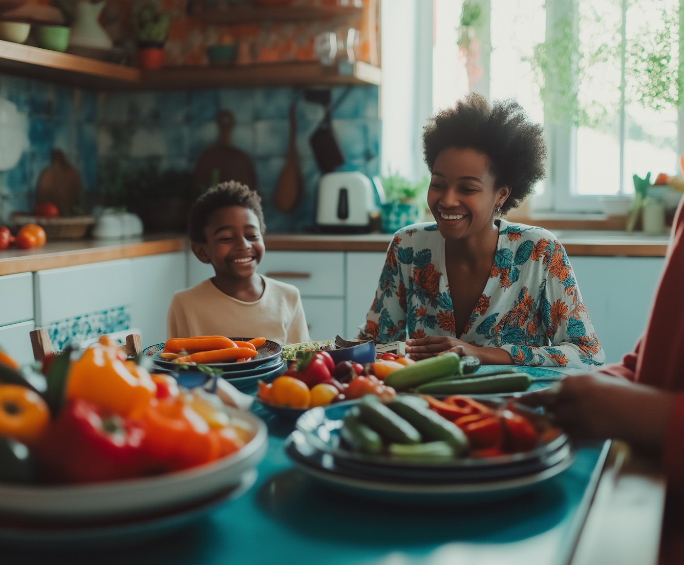 Family preparing vegetables together in a bright kitchen