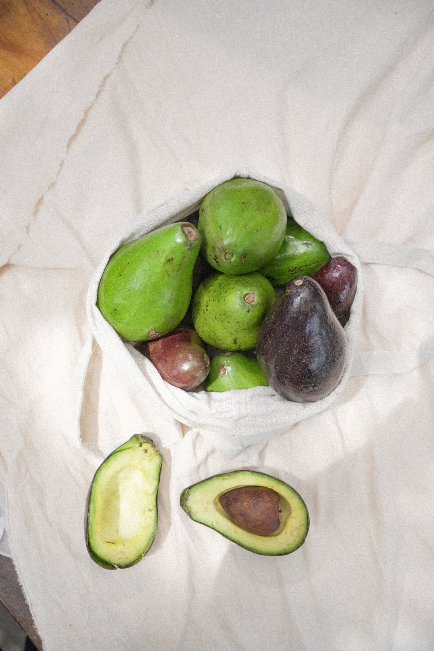 Freshly sourced avocados in a cotton tote